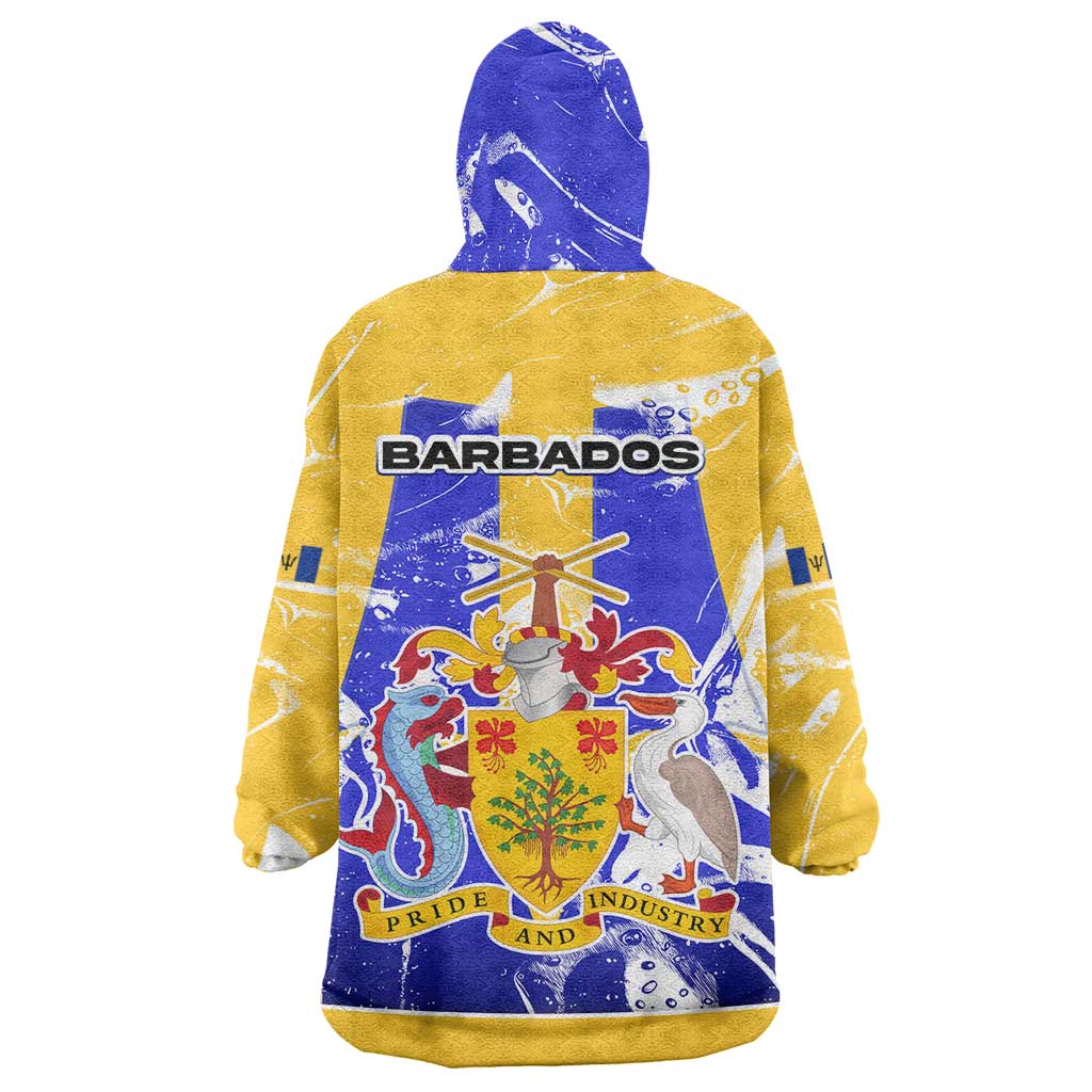 Barbados Coat of Arms Wearable Blanket Hoodie with Yellow Blue Pelican Dolphin Graphic - Wonder Print Shop
