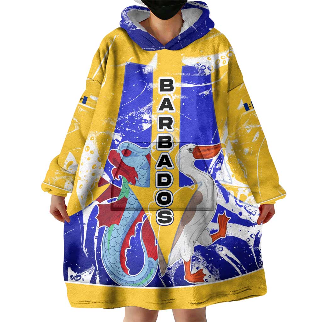 Barbados Coat of Arms Wearable Blanket Hoodie with Yellow Blue Pelican Dolphin Graphic - Wonder Print Shop