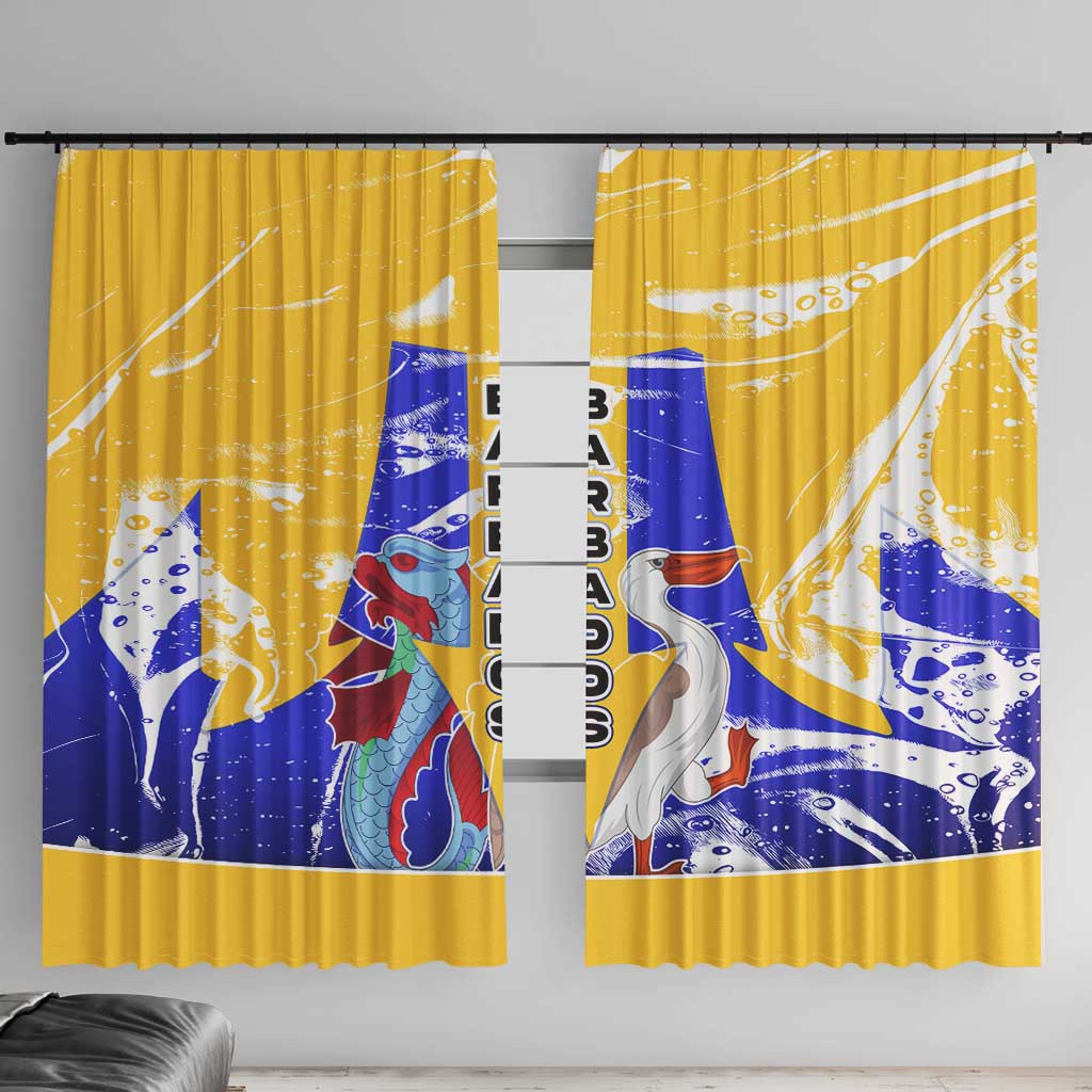Barbados Coat of Arms Window Curtain with Yellow Blue Pelican Dolphin Graphic - Wonder Print Shop