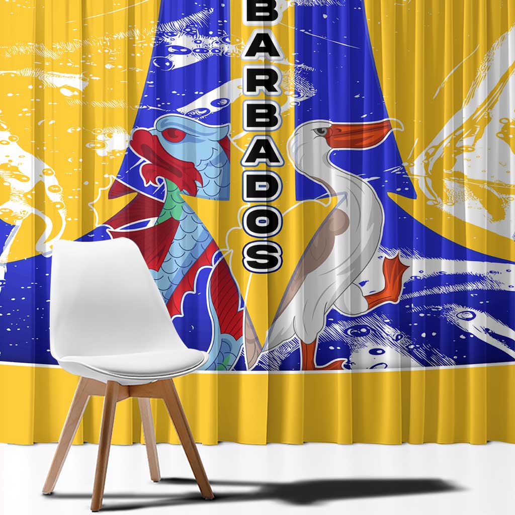 Barbados Coat of Arms Window Curtain with Yellow Blue Pelican Dolphin Graphic - Wonder Print Shop