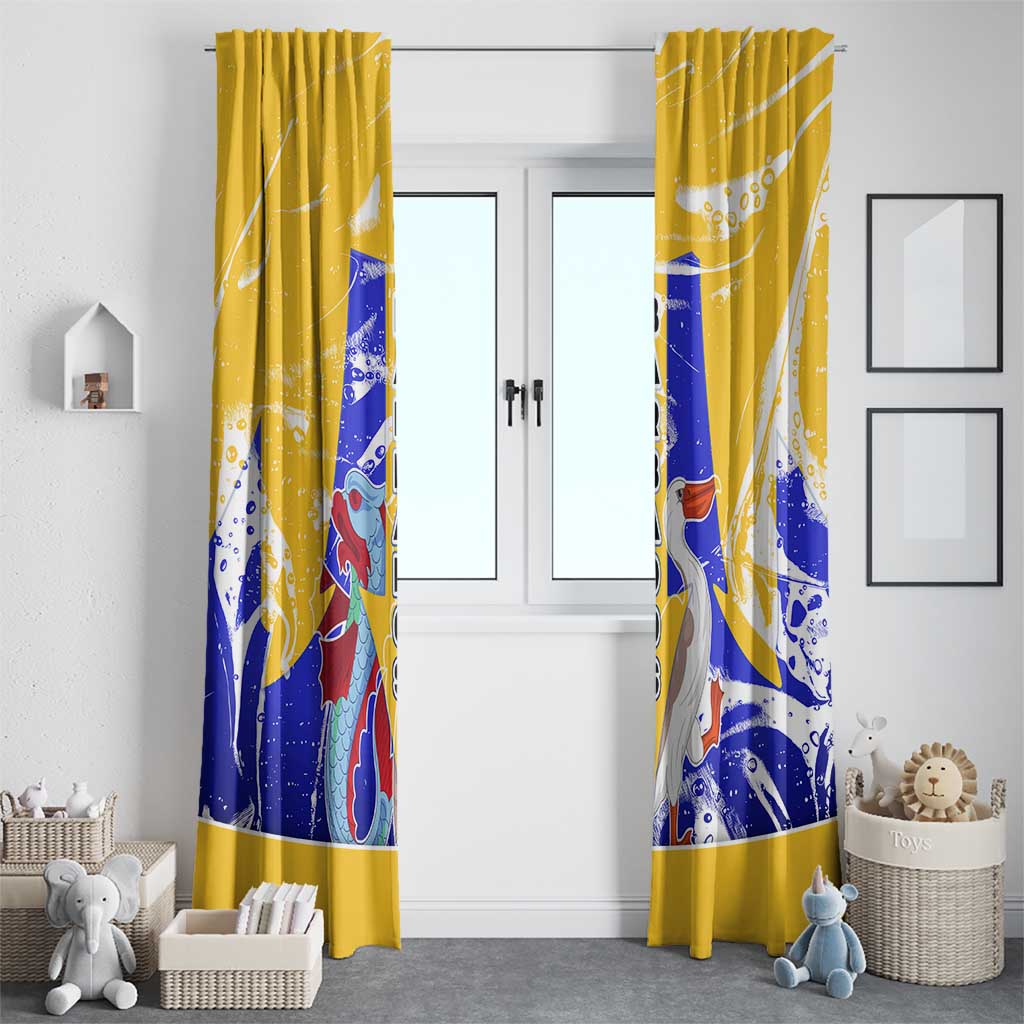 Barbados Coat of Arms Window Curtain with Yellow Blue Pelican Dolphin Graphic - Wonder Print Shop