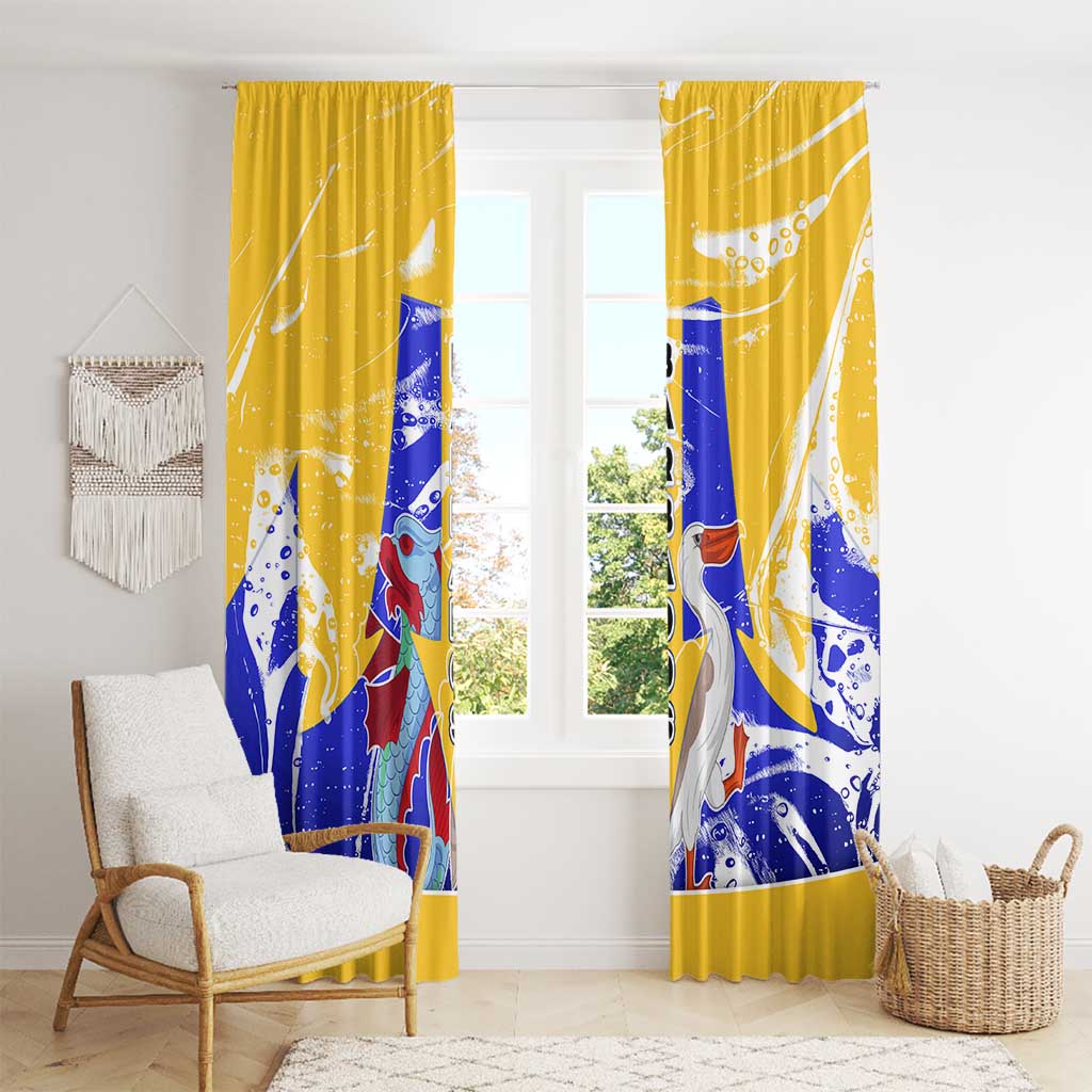 Barbados Coat of Arms Window Curtain with Yellow Blue Pelican Dolphin Graphic - Wonder Print Shop