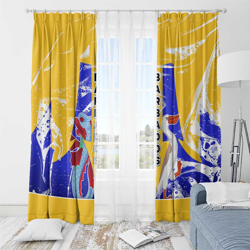 Barbados Coat of Arms Window Curtain with Yellow Blue Pelican Dolphin Graphic - Wonder Print Shop