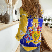 Barbados Coat of Arms Women Casual Shirt with Yellow Blue Pelican Dolphin Graphic - Wonder Print Shop