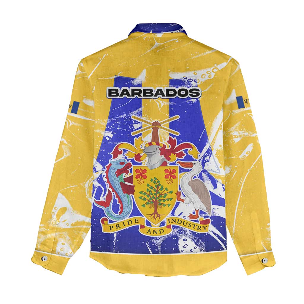 Barbados Coat of Arms Women Casual Shirt with Yellow Blue Pelican Dolphin Graphic - Wonder Print Shop