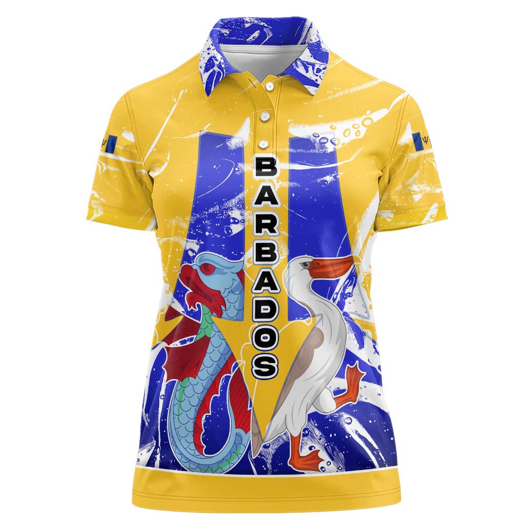 Barbados Coat of Arms Women Polo Shirt with Yellow Blue Pelican Dolphin Graphic - Wonder Print Shop