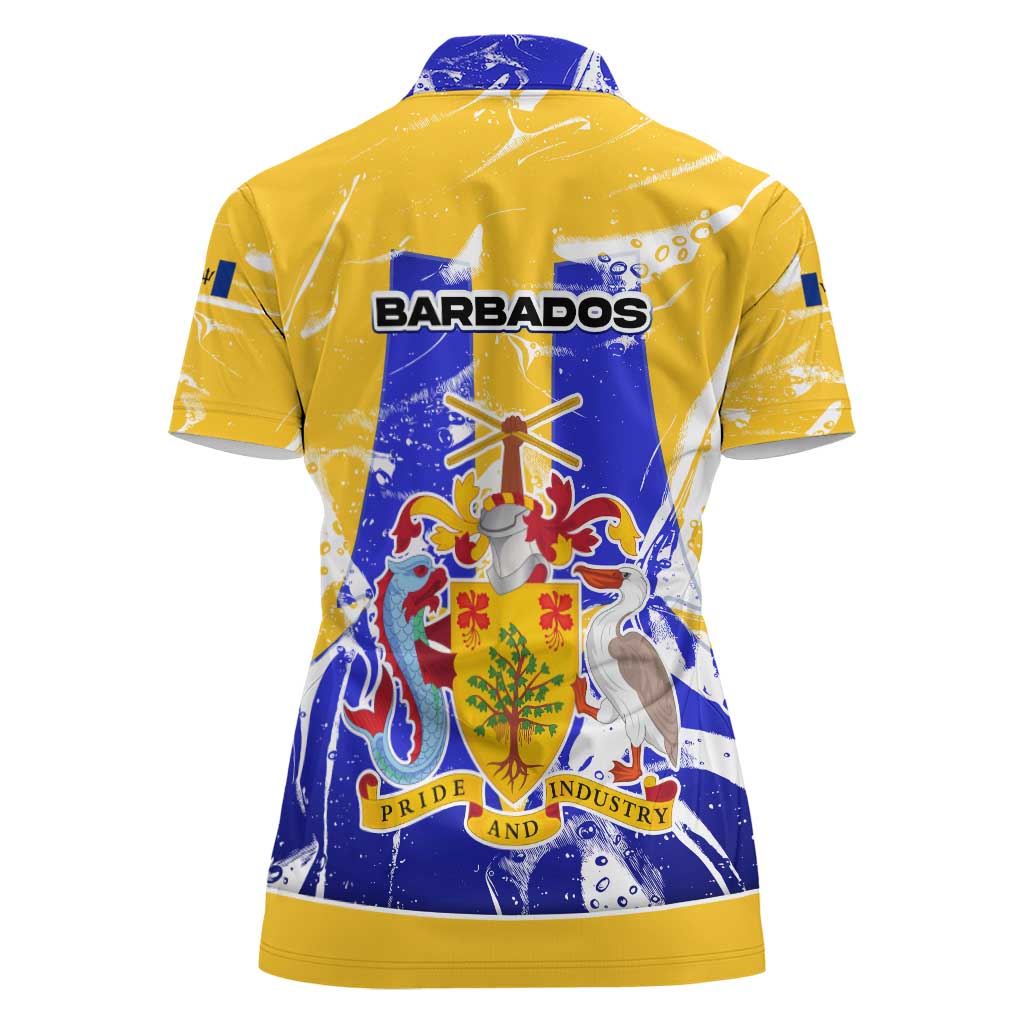 Barbados Coat of Arms Women Polo Shirt with Yellow Blue Pelican Dolphin Graphic - Wonder Print Shop