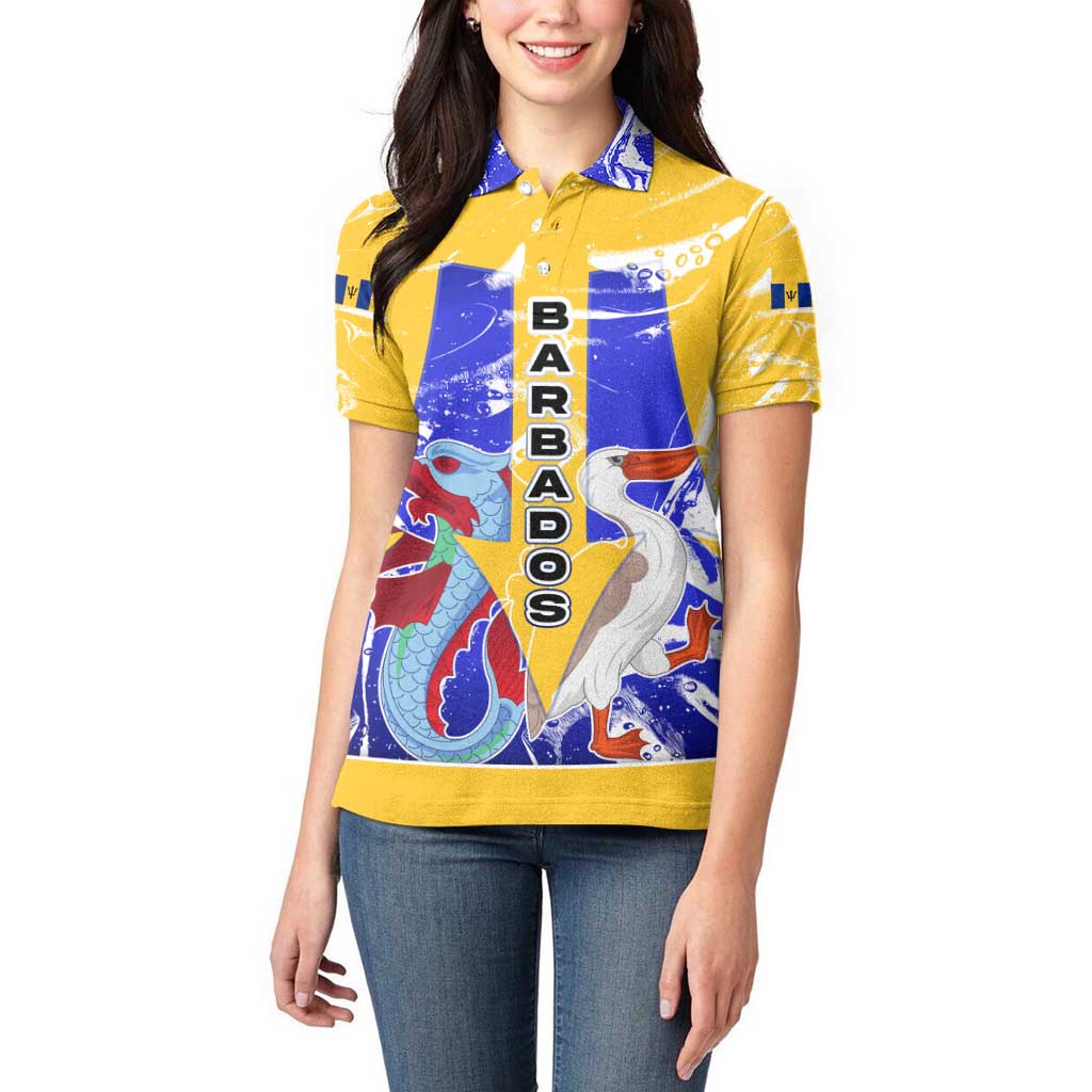 Barbados Coat of Arms Women Polo Shirt with Yellow Blue Pelican Dolphin Graphic - Wonder Print Shop