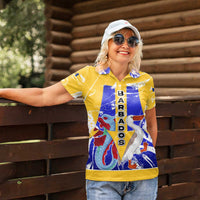 Barbados Coat of Arms Women Polo Shirt with Yellow Blue Pelican Dolphin Graphic - Wonder Print Shop
