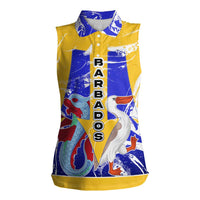 Barbados Coat of Arms Women Sleeveless Polo Shirt with Yellow Blue Pelican Dolphin Graphic - Wonder Print Shop