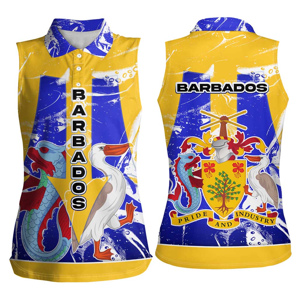 Barbados Coat of Arms Women Sleeveless Polo Shirt with Yellow Blue Pelican Dolphin Graphic - Wonder Print Shop