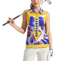 Barbados Coat of Arms Women Sleeveless Polo Shirt with Yellow Blue Pelican Dolphin Graphic - Wonder Print Shop