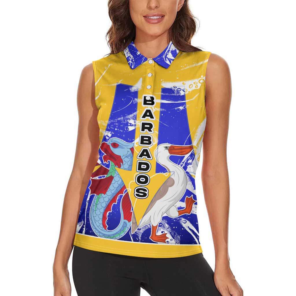 Barbados Coat of Arms Women Sleeveless Polo Shirt with Yellow Blue Pelican Dolphin Graphic - Wonder Print Shop