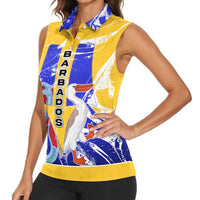 Barbados Coat of Arms Women Sleeveless Polo Shirt with Yellow Blue Pelican Dolphin Graphic - Wonder Print Shop