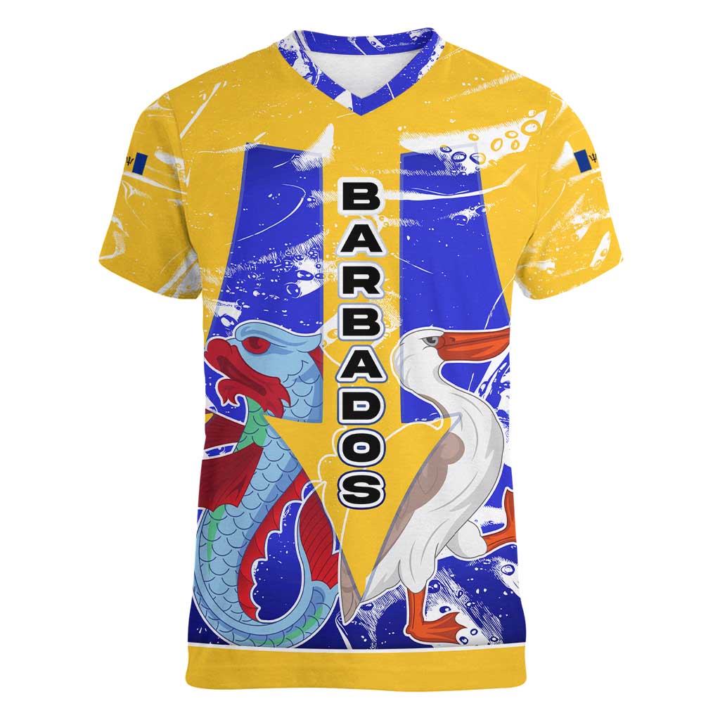Barbados Coat of Arms Women V-Neck T-Shirt with Yellow Blue Pelican Dolphin Graphic - Wonder Print Shop