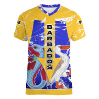 Barbados Coat of Arms Women V-Neck T-Shirt with Yellow Blue Pelican Dolphin Graphic - Wonder Print Shop
