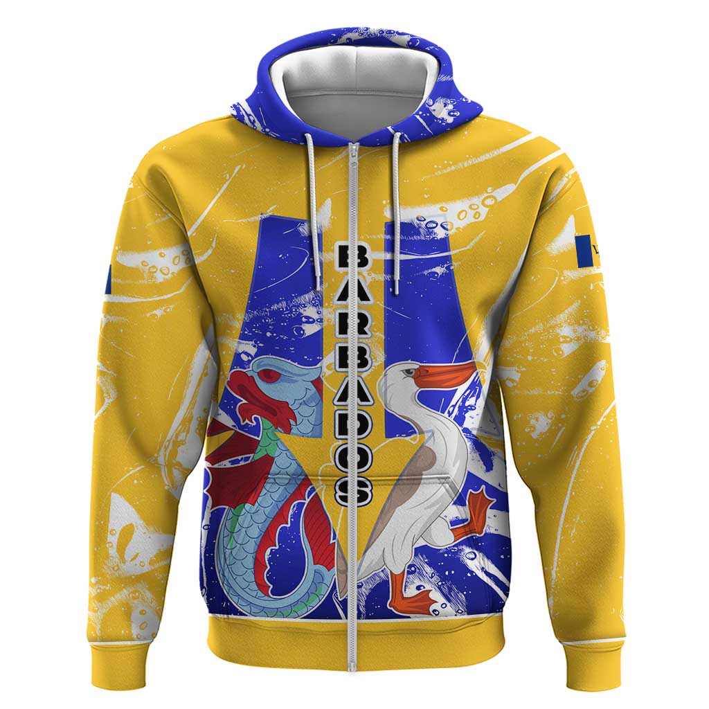Barbados Coat of Arms Zip Hoodie with Yellow Blue Pelican Dolphin Graphic - Wonder Print Shop