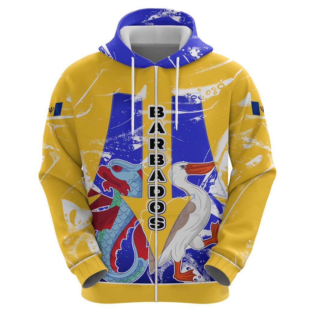 Barbados Coat of Arms Zip Hoodie with Yellow Blue Pelican Dolphin Graphic - Wonder Print Shop