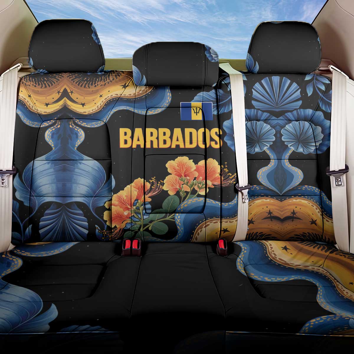 Barbados Floral Wave Back Car Seat Cover with Tropical Hibiscus Print Black and Gold - Wonder Print Shop