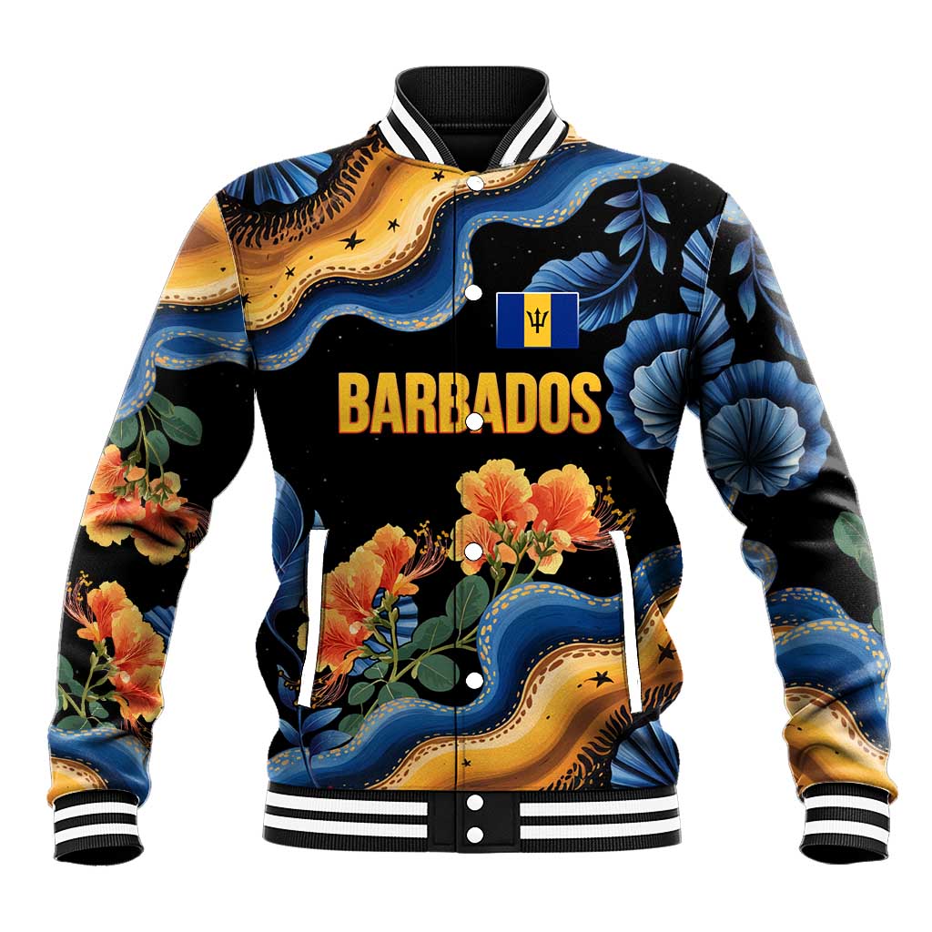 Barbados Floral Wave Baseball Jacket with Tropical Hibiscus Print Black and Gold - Wonder Print Shop