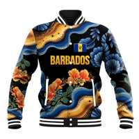 Barbados Floral Wave Baseball Jacket with Tropical Hibiscus Print Black and Gold - Wonder Print Shop