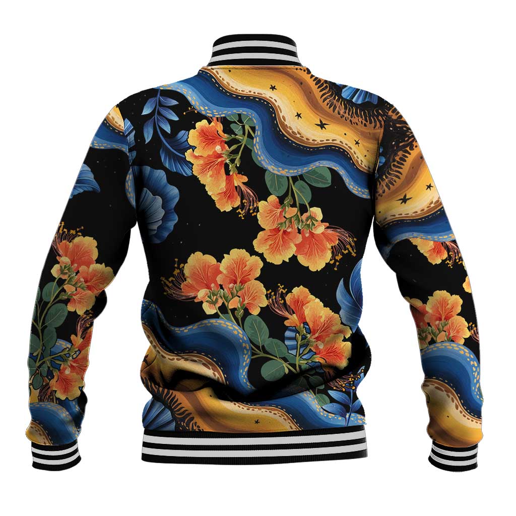 Barbados Floral Wave Baseball Jacket with Tropical Hibiscus Print Black and Gold - Wonder Print Shop