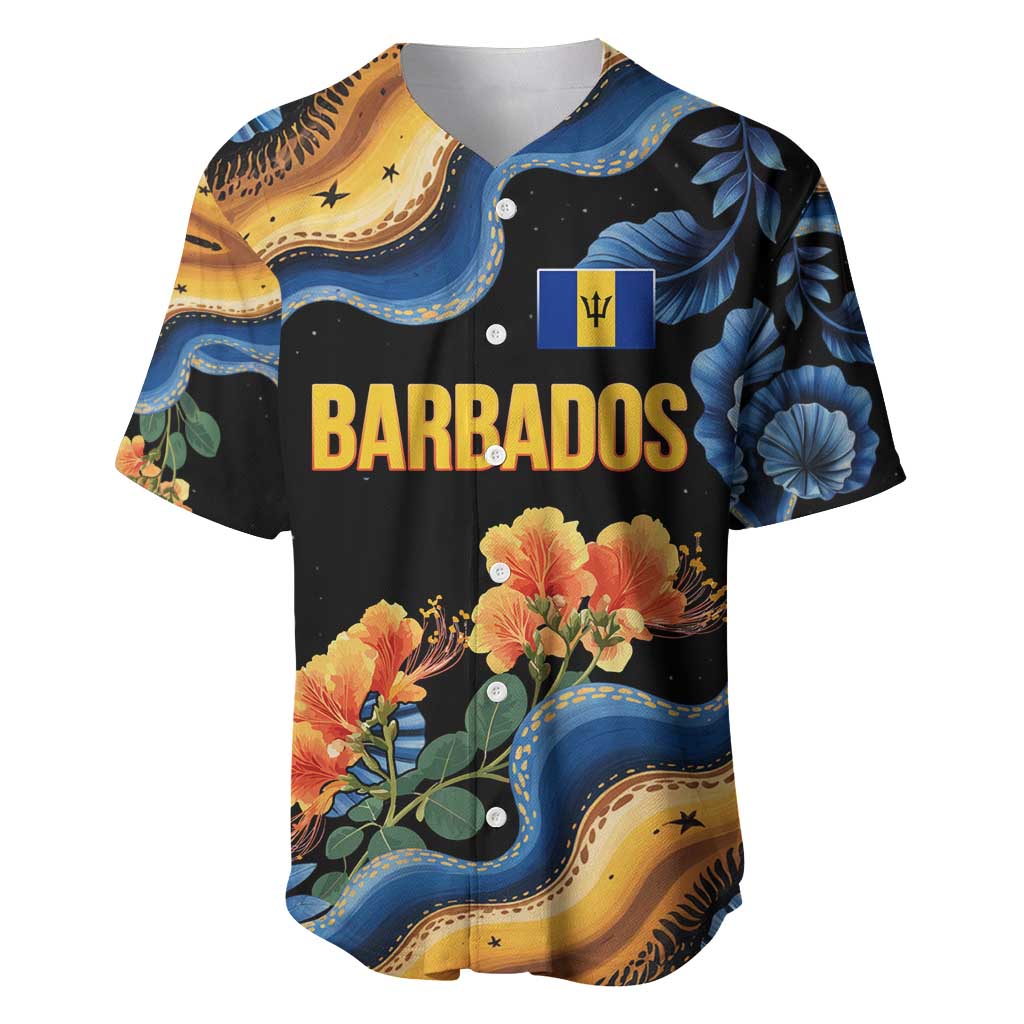 Barbados Floral Wave Baseball Jersey with Tropical Hibiscus Print Black and Gold - Wonder Print Shop