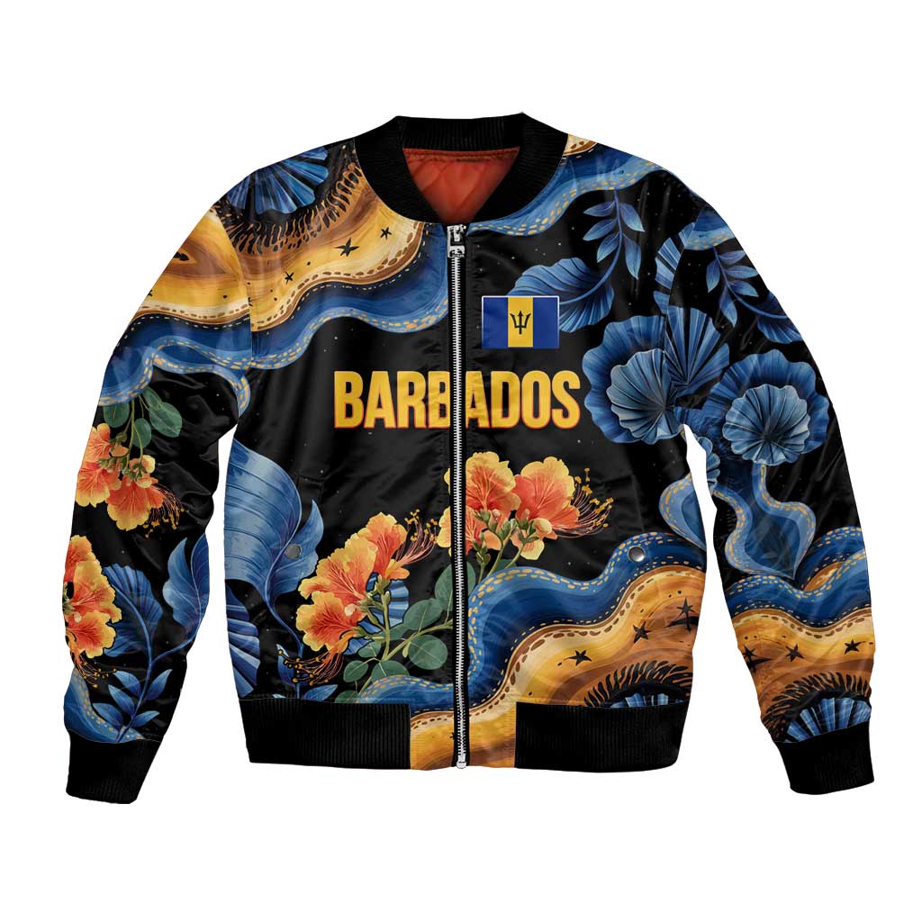 Barbados Floral Wave Bomber Jacket with Tropical Hibiscus Print Black and Gold - Wonder Print Shop