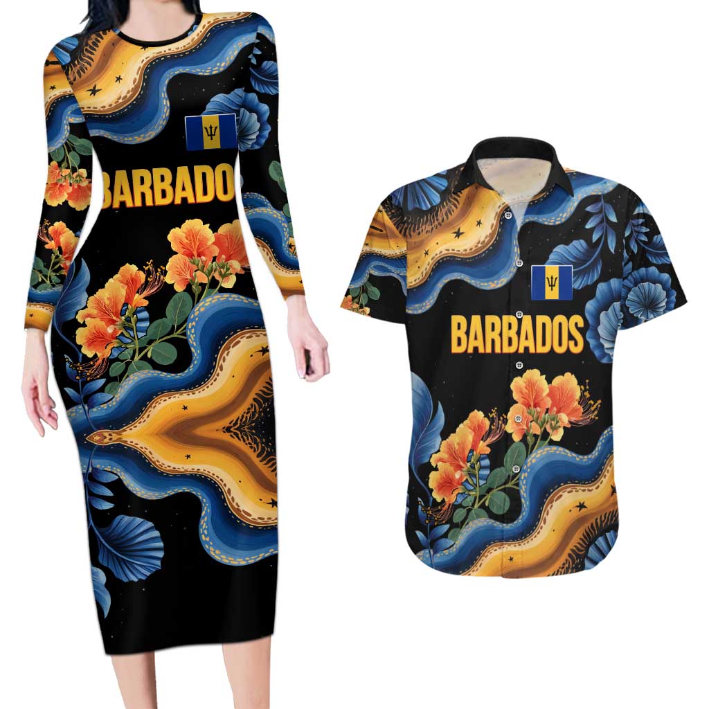 Barbados Floral Wave Couples Matching Long Sleeve Bodycon Dress and Hawaiian Shirt with Tropical Hibiscus Print Black and Gold - Wonder Print Shop
