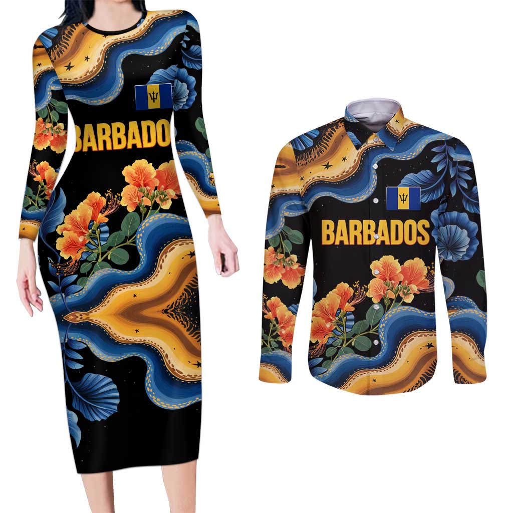 Barbados Floral Wave Couples Matching Long Sleeve Bodycon Dress and Long Sleeve Button Shirt with Tropical Hibiscus Print Black and Gold - Wonder Print Shop