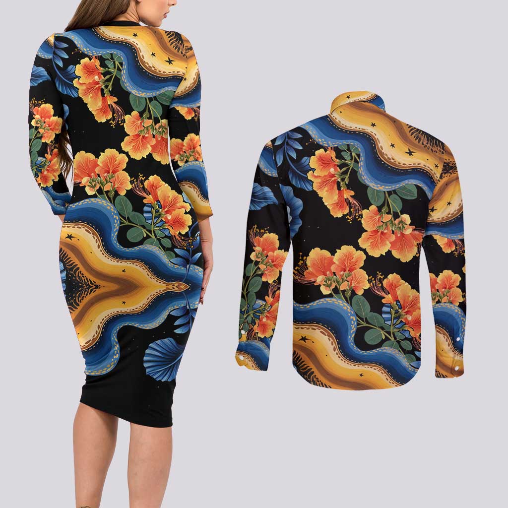 Barbados Floral Wave Couples Matching Long Sleeve Bodycon Dress and Long Sleeve Button Shirt with Tropical Hibiscus Print Black and Gold - Wonder Print Shop
