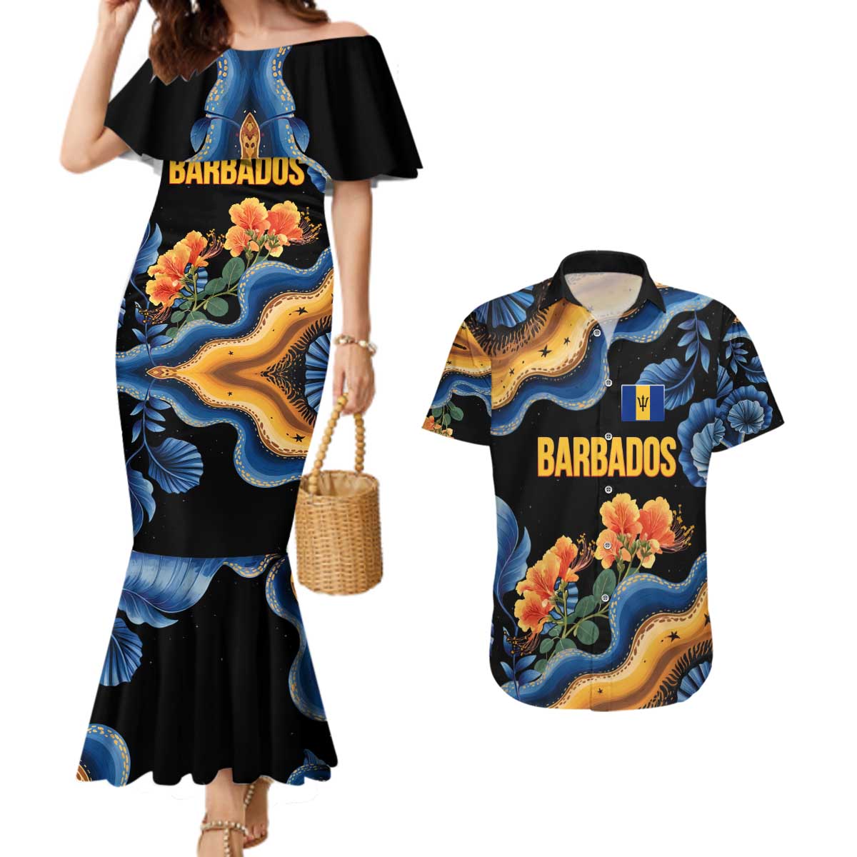 Barbados Floral Wave Couples Matching Mermaid Dress and Hawaiian Shirt with Tropical Hibiscus Print Black and Gold - Wonder Print Shop