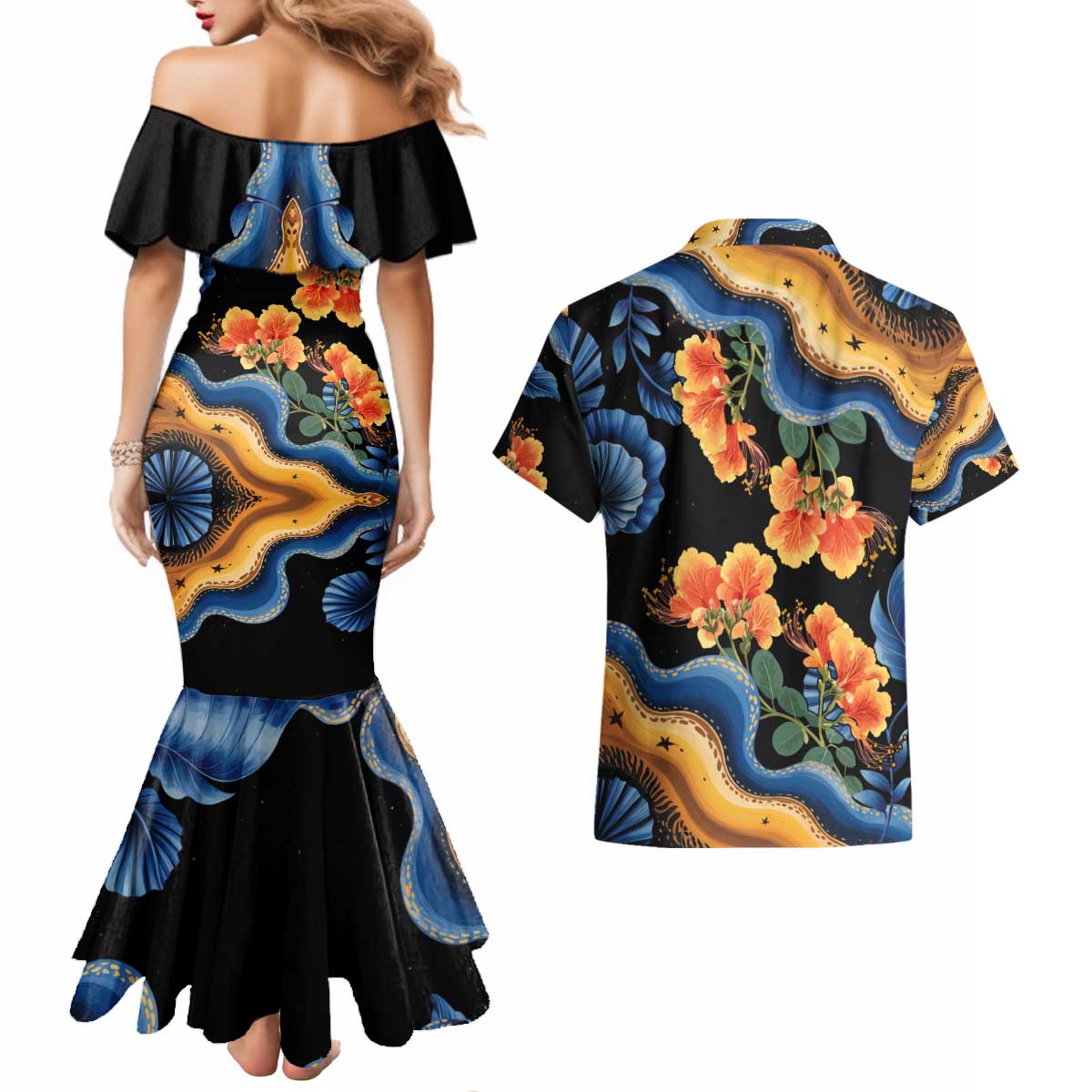 Barbados Floral Wave Couples Matching Mermaid Dress and Hawaiian Shirt with Tropical Hibiscus Print Black and Gold - Wonder Print Shop
