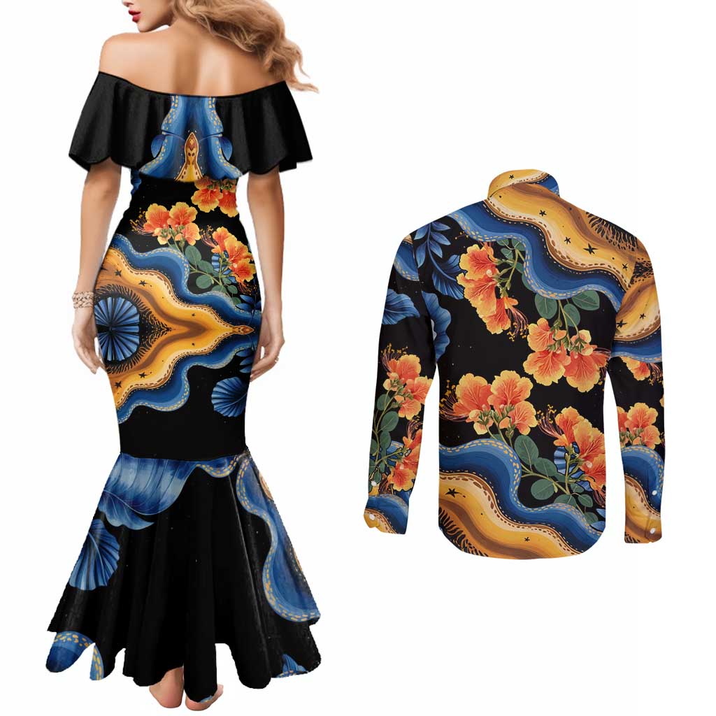 Barbados Floral Wave Couples Matching Mermaid Dress and Long Sleeve Button Shirt with Tropical Hibiscus Print Black and Gold - Wonder Print Shop