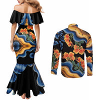 Barbados Floral Wave Couples Matching Mermaid Dress and Long Sleeve Button Shirt with Tropical Hibiscus Print Black and Gold - Wonder Print Shop
