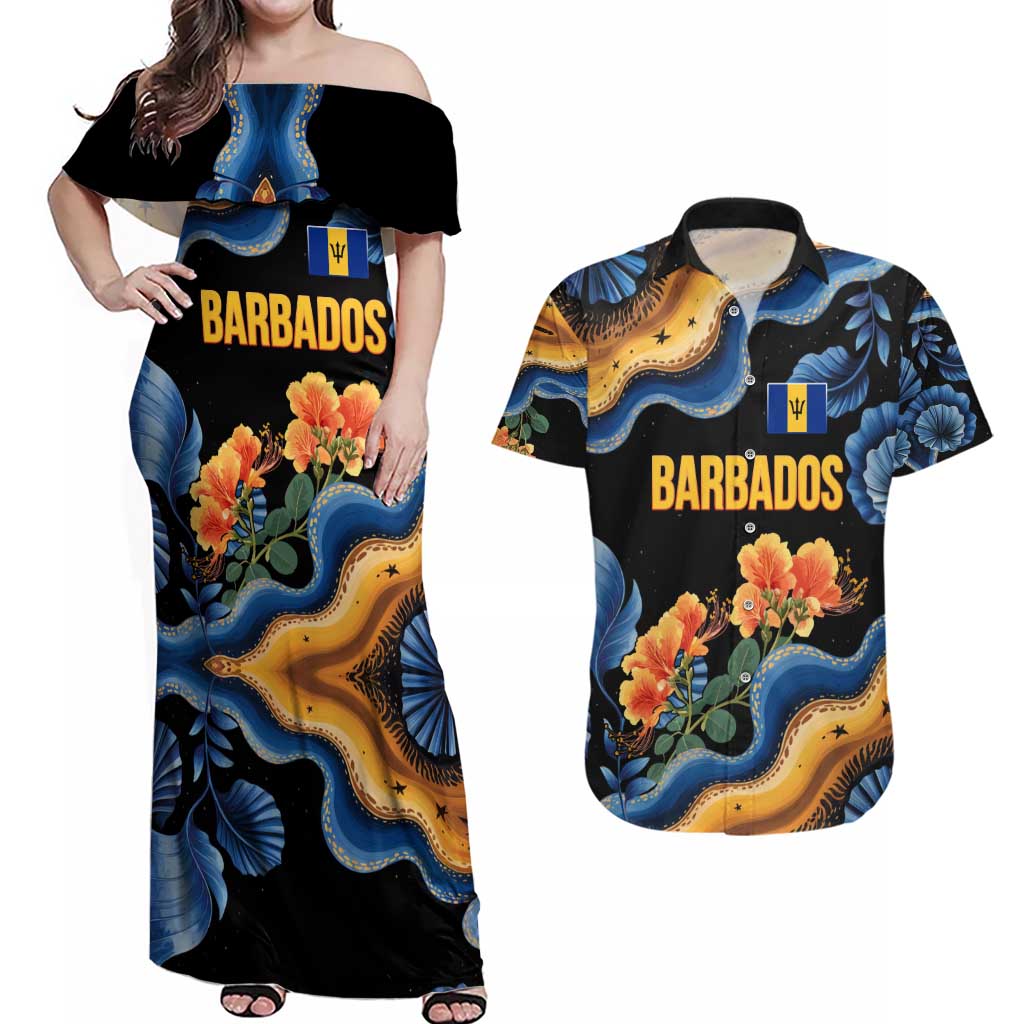 Barbados Floral Wave Couples Matching Off Shoulder Maxi Dress and Hawaiian Shirt with Tropical Hibiscus Print Black and Gold - Wonder Print Shop