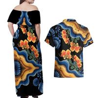 Barbados Floral Wave Couples Matching Off Shoulder Maxi Dress and Hawaiian Shirt with Tropical Hibiscus Print Black and Gold - Wonder Print Shop