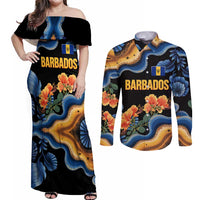 Barbados Floral Wave Couples Matching Off Shoulder Maxi Dress and Long Sleeve Button Shirt with Tropical Hibiscus Print Black and Gold - Wonder Print Shop