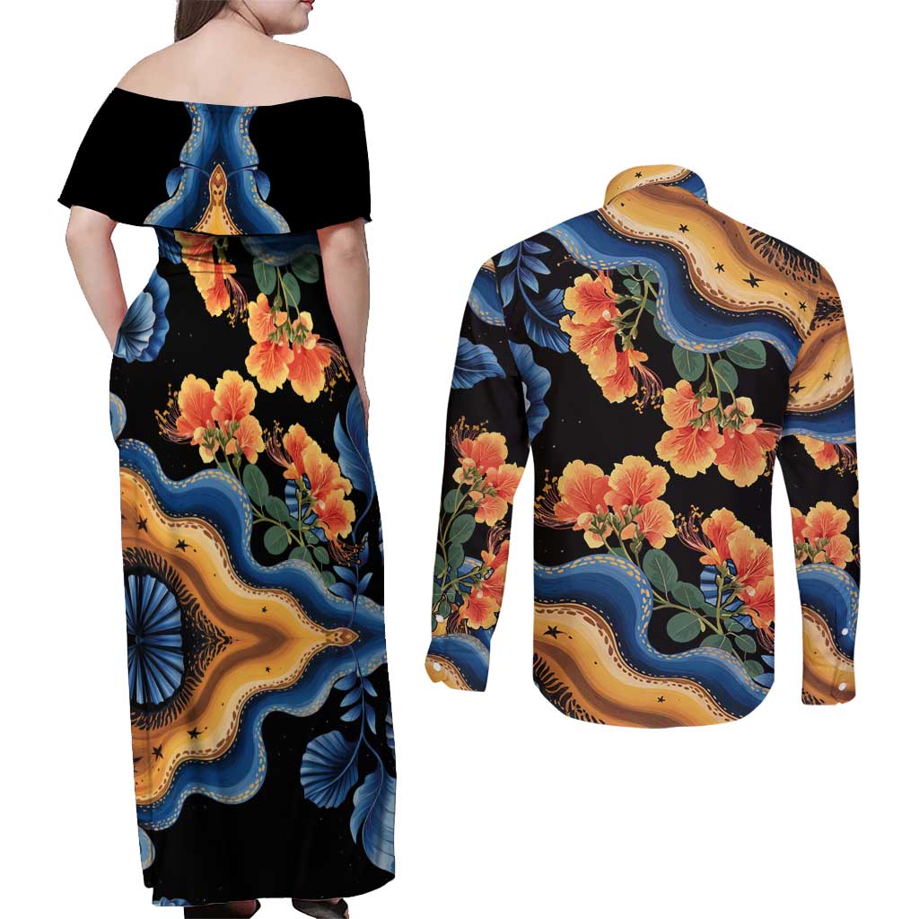 Barbados Floral Wave Couples Matching Off Shoulder Maxi Dress and Long Sleeve Button Shirt with Tropical Hibiscus Print Black and Gold - Wonder Print Shop
