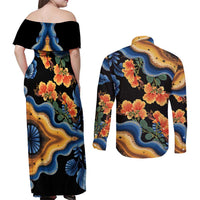 Barbados Floral Wave Couples Matching Off Shoulder Maxi Dress and Long Sleeve Button Shirt with Tropical Hibiscus Print Black and Gold - Wonder Print Shop