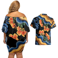 Barbados Floral Wave Couples Matching Off Shoulder Short Dress and Hawaiian Shirt with Tropical Hibiscus Print Black and Gold - Wonder Print Shop