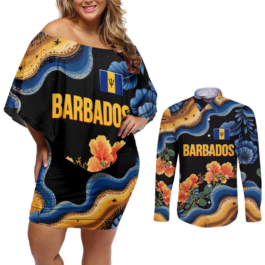 Barbados Floral Wave Couples Matching Off Shoulder Short Dress and Long Sleeve Button Shirt with Tropical Hibiscus Print Black and Gold - Wonder Print Shop