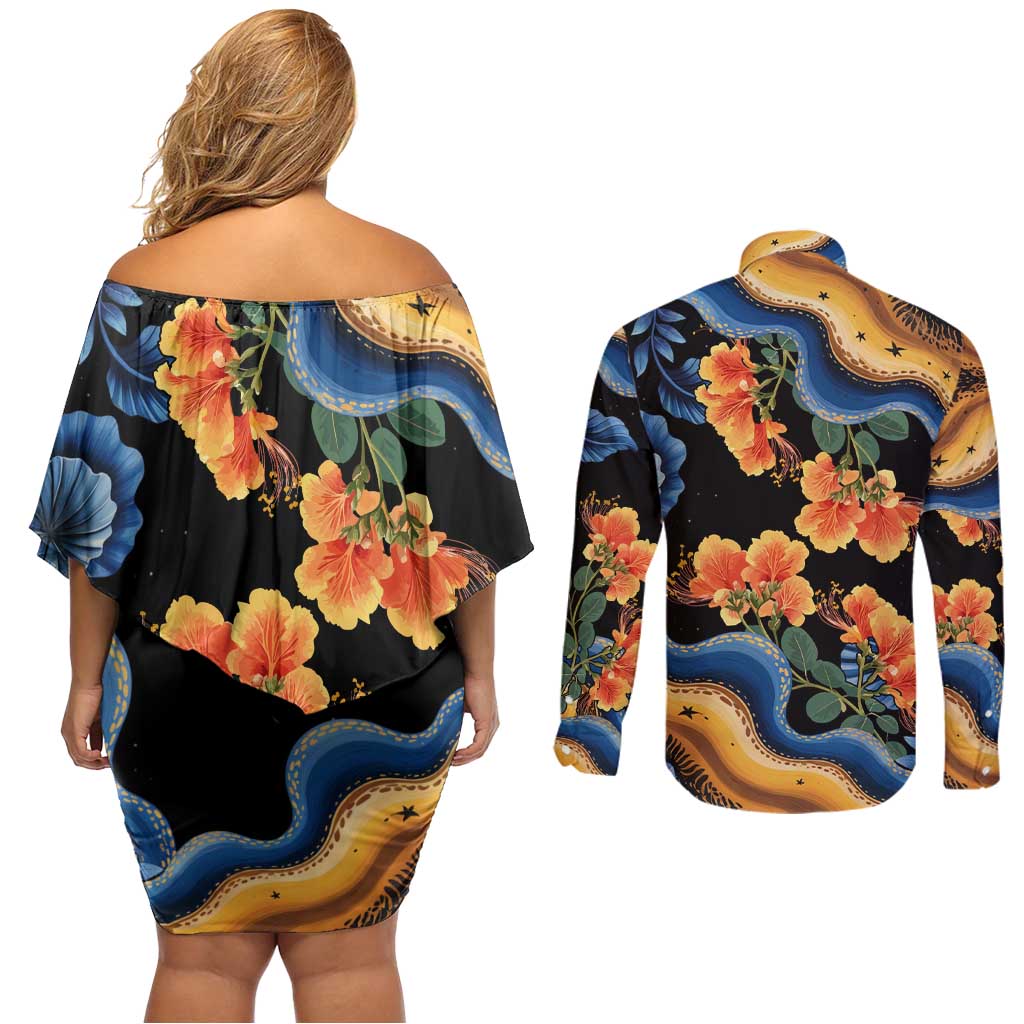 Barbados Floral Wave Couples Matching Off Shoulder Short Dress and Long Sleeve Button Shirt with Tropical Hibiscus Print Black and Gold - Wonder Print Shop