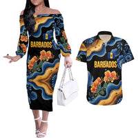 Barbados Floral Wave Couples Matching Off The Shoulder Long Sleeve Dress and Hawaiian Shirt with Tropical Hibiscus Print Black and Gold - Wonder Print Shop