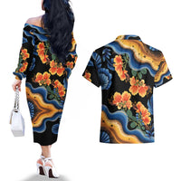 Barbados Floral Wave Couples Matching Off The Shoulder Long Sleeve Dress and Hawaiian Shirt with Tropical Hibiscus Print Black and Gold - Wonder Print Shop