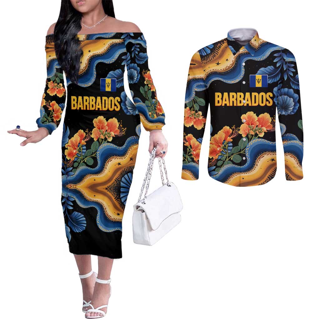 Barbados Floral Wave Couples Matching Off The Shoulder Long Sleeve Dress and Long Sleeve Button Shirt with Tropical Hibiscus Print Black and Gold - Wonder Print Shop