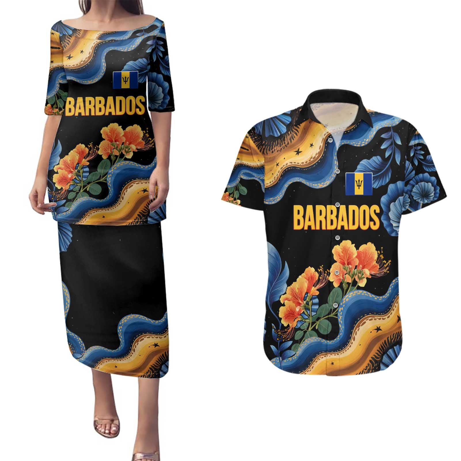 Barbados Floral Wave Couples Matching Puletasi and Hawaiian Shirt with Tropical Hibiscus Print Black and Gold - Wonder Print Shop