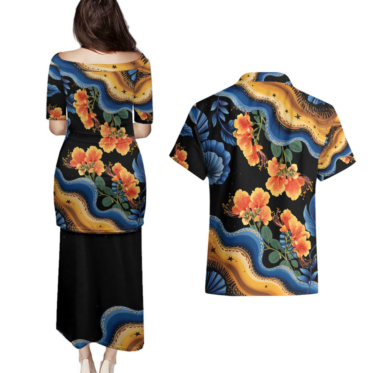 Barbados Floral Wave Couples Matching Puletasi and Hawaiian Shirt with Tropical Hibiscus Print Black and Gold - Wonder Print Shop