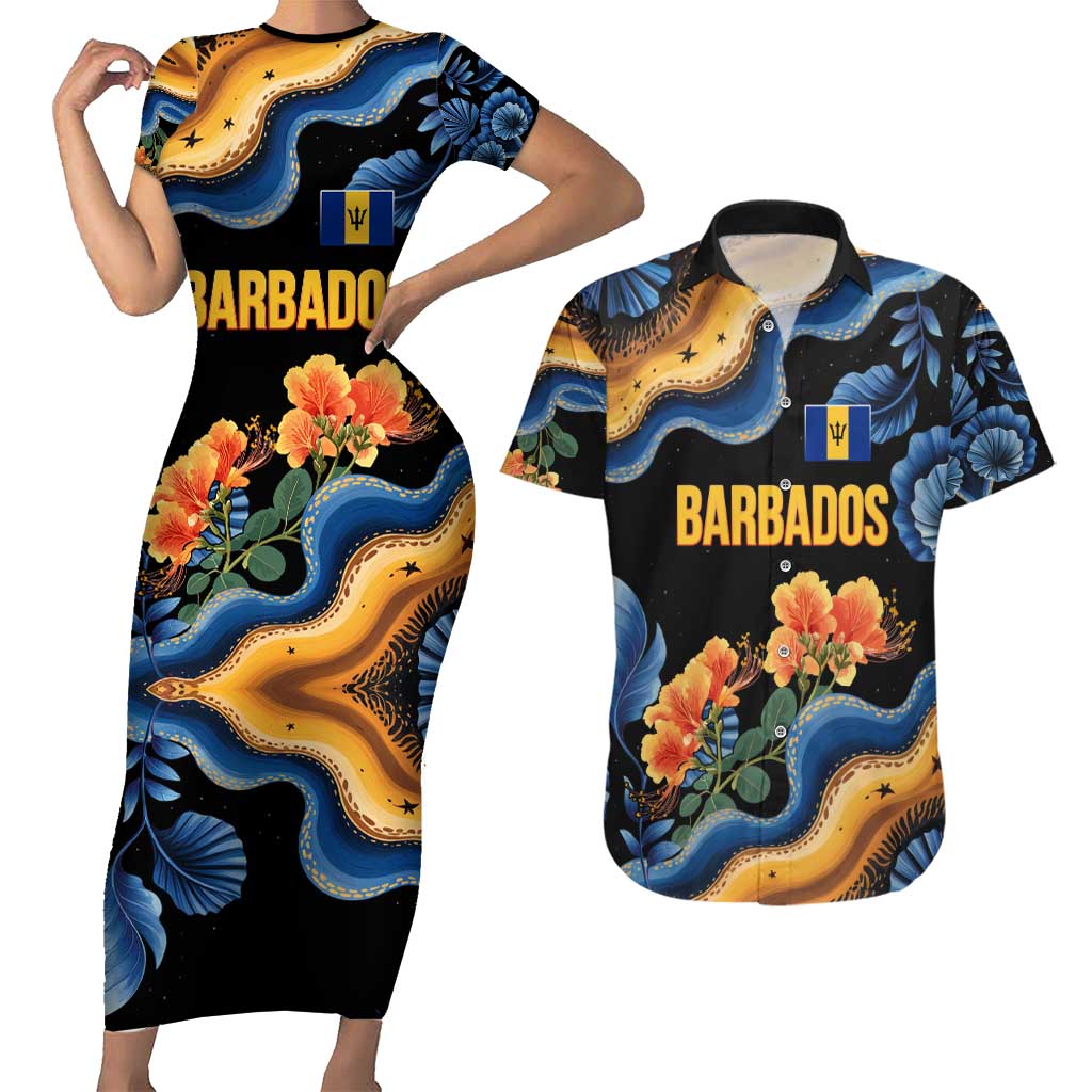 Barbados Floral Wave Couples Matching Short Sleeve Bodycon Dress and Hawaiian Shirt with Tropical Hibiscus Print Black and Gold - Wonder Print Shop