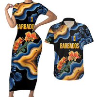 Barbados Floral Wave Couples Matching Short Sleeve Bodycon Dress and Hawaiian Shirt with Tropical Hibiscus Print Black and Gold - Wonder Print Shop